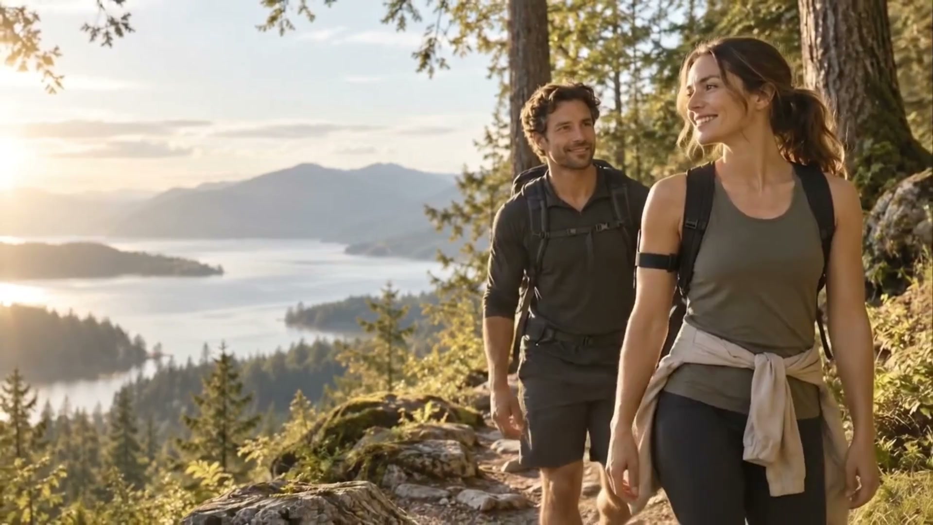 A couple hiking through woodland beside a mountain lake, wearing Mura on their upper arms