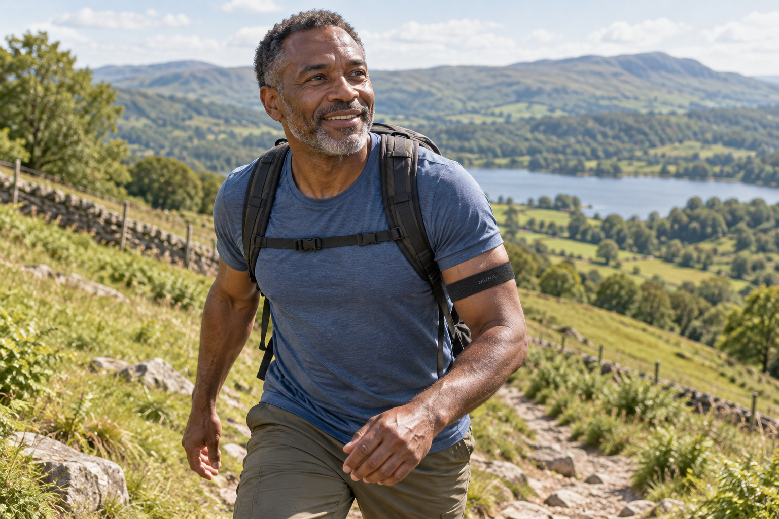 A man hiking uphill in the countryside with a charcoal Mura band on his upper arm