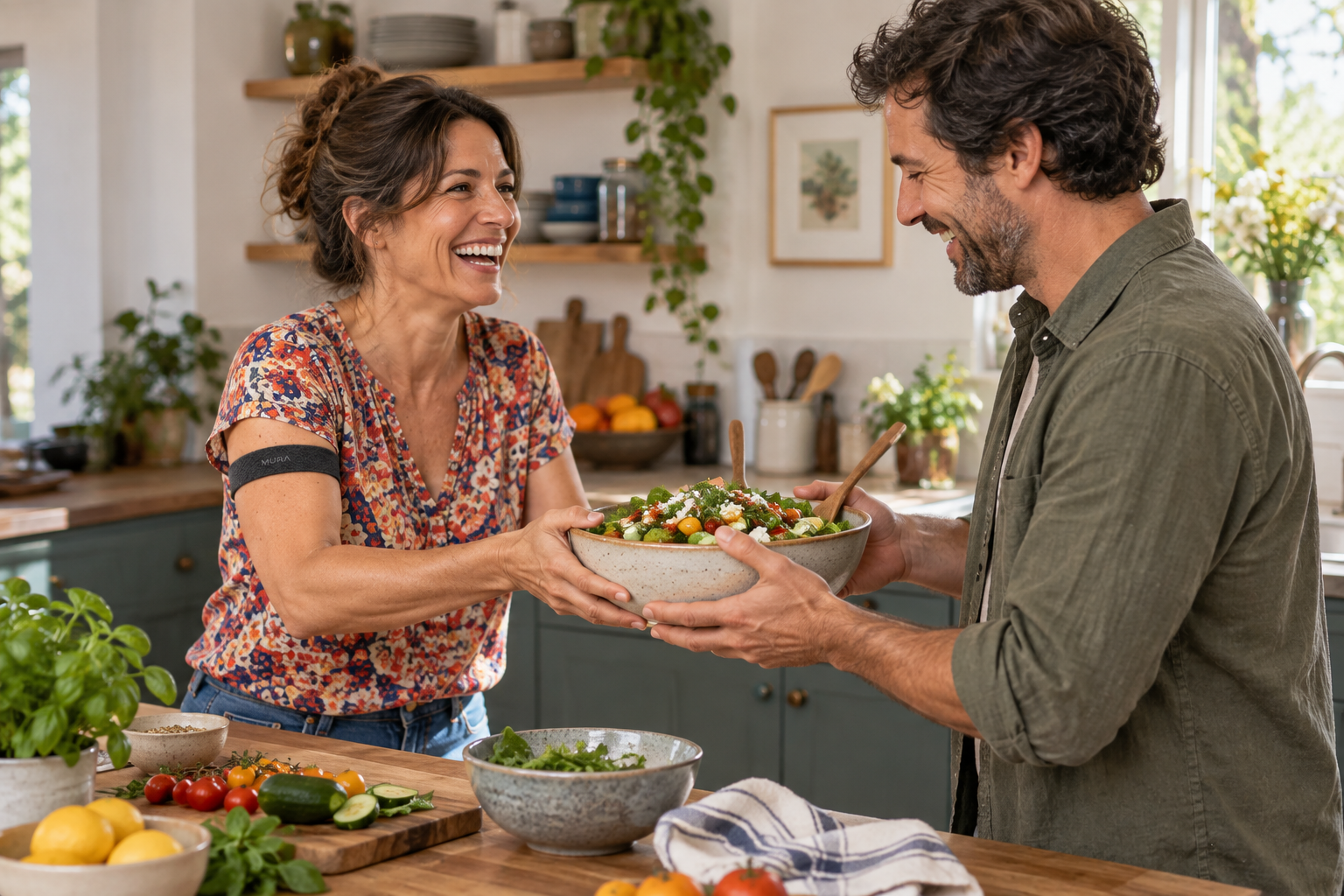 A woman wearing a discreet Mura band sharing a laugh while preparing a meal with her partner