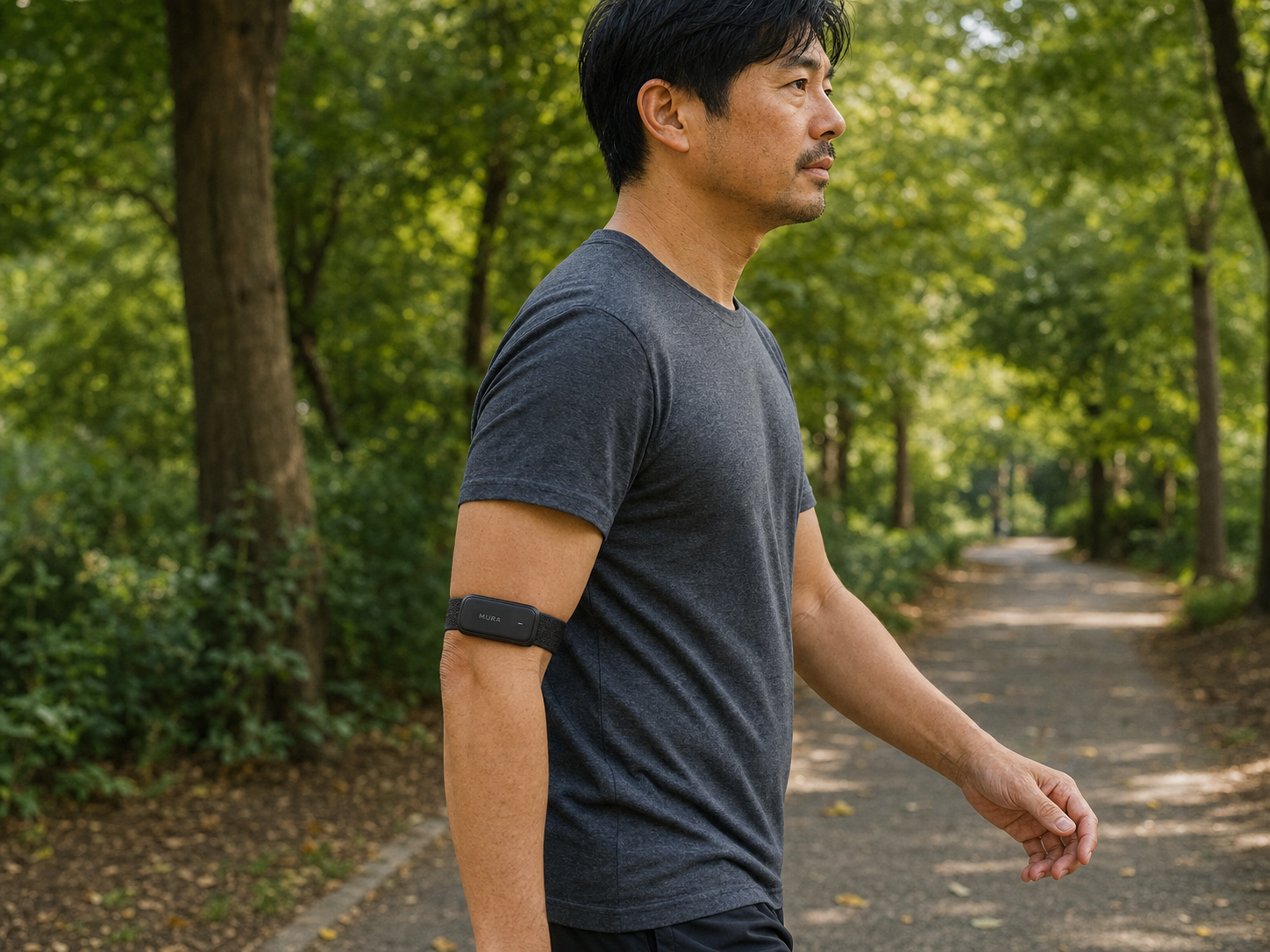 A man wearing a Carbon Mura Band while walking outdoors