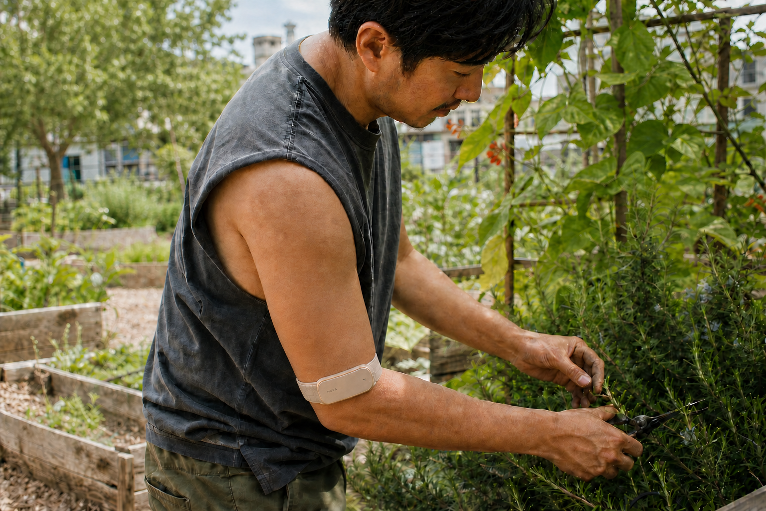 A person wearing Mura Band while gardening