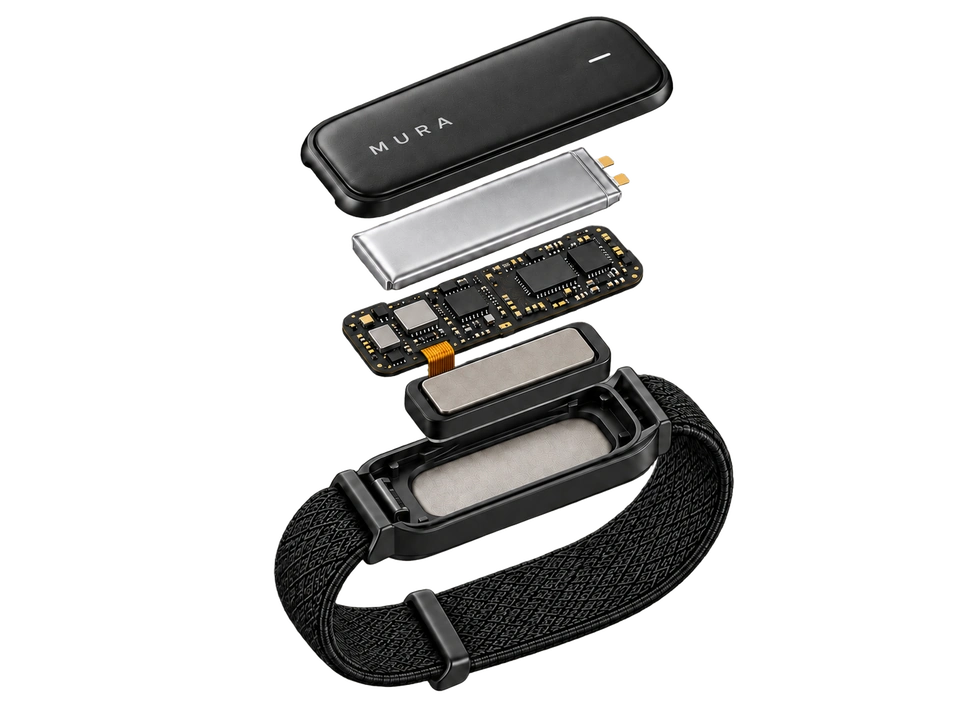 Exploded concept of the Mura band: an outer enclosure, rechargeable battery, control electronics, ultrasound sensor, and skin-contact interface. Internal parts and their arrangement are illustrative.