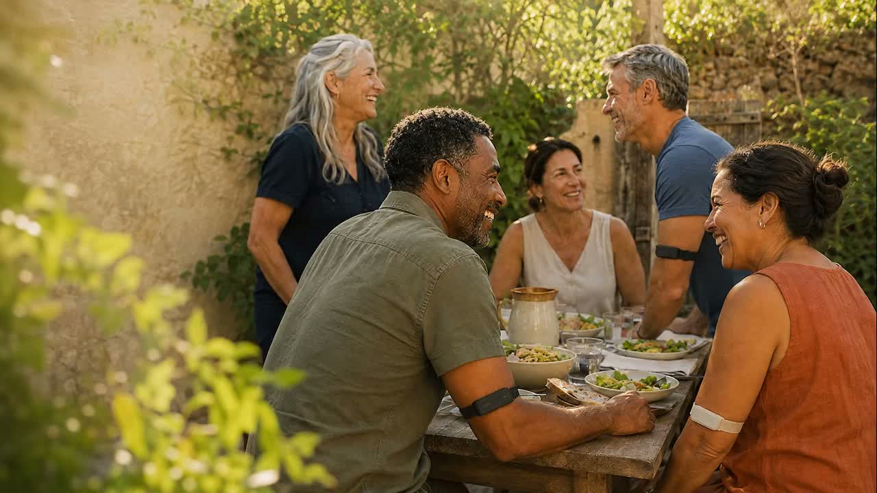 Product concept: friends enjoying a garden gathering, wearing Mura bands on their upper arms